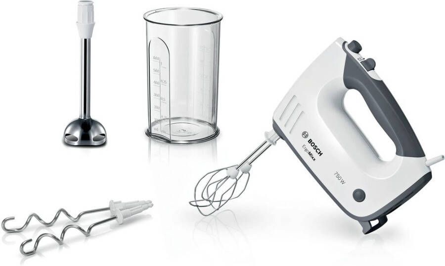 BOSCH Handmixer ErgoMixx MFQ37470 Edelst. Mixstaaf knethaken 5 standen wit Turbostand mixstaaf lichtgewicht behuizing gemaakt in Europa