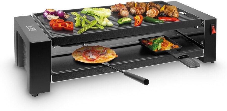 Fritel Pizza-Raclette Grill PR 3195 Tafelgrill Minigrill Raclette kookplaat 1200W 40x20cm 8 Pers. + 8 Raclettepannetjes & Spatels
