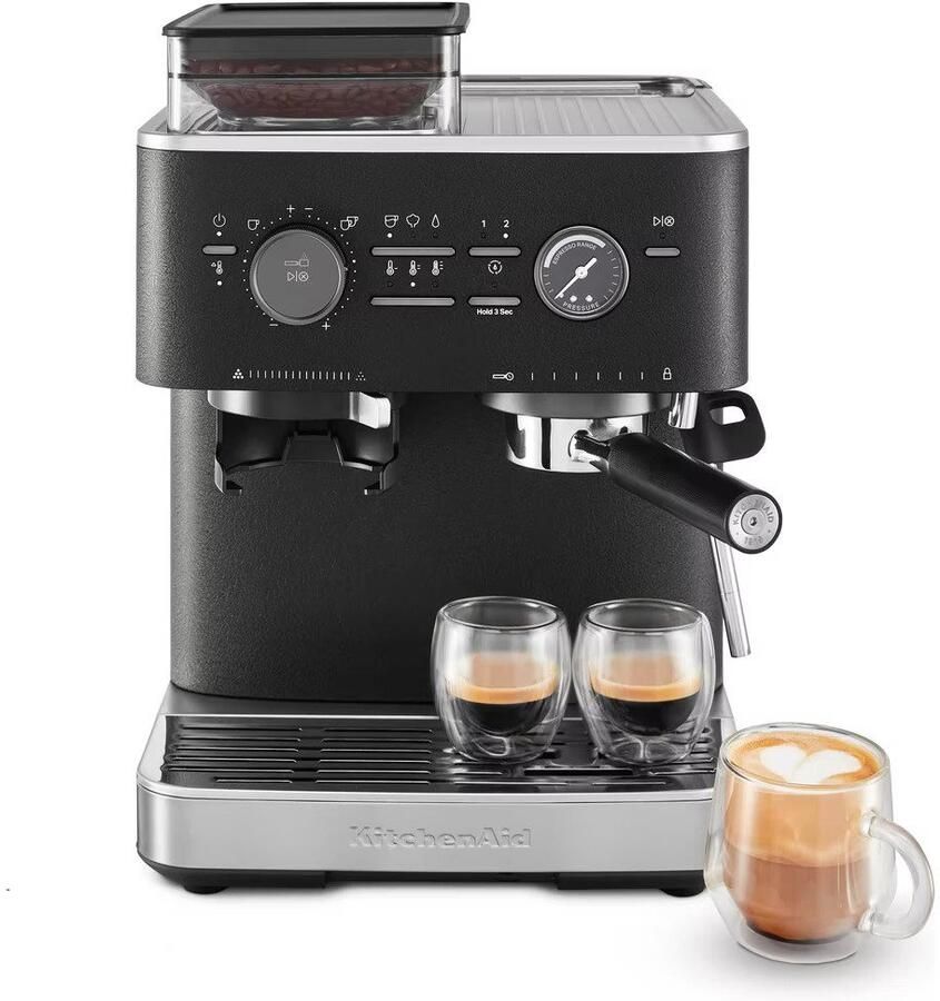 KitchenAid Halfautomatische Espressomachine met Koffiemolen Ingebouwde koffiemolen kantelbaar stoompijpje 15 bar pomp en drukmeter Vulkaanzwart - Foto 2
