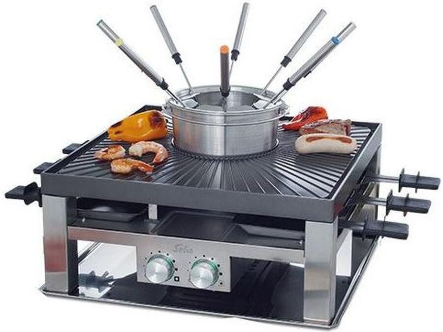 Solis Combi Tafelgrill 3 in 1 796 Gourmetstel 8 Personen Fondue Raclette & Grill Fondueset Anti Aanbaklaag 1.3L Fonduepan Zilver Zwart - Foto 2