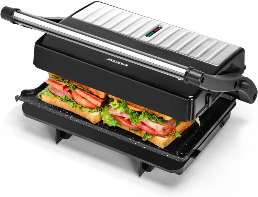 Aigostar York Pro Contactgrill Keramisch Panini Grill met Non-Stick Keramische Plaat- Tosti apparaat 1000W Verticaal opbergbaar RVS Zwart