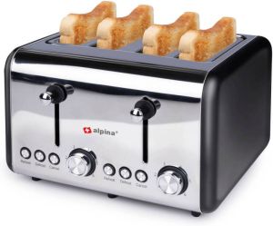Alpina Broodrooster 4 Snedes Brood 230V 1500W 6 Bruiningsstanden Ontdooien Opwarmen Toaster Zilver