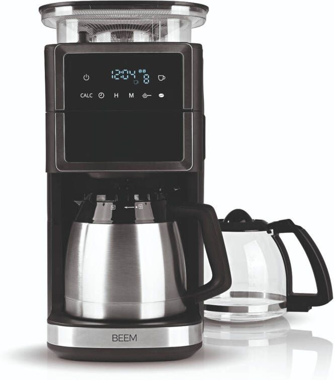 Beem Koffiezetapparaat Perfect III – koffiemachine met molen – Incl. 2 koffiekannen – glazen kan – thermoskan –- Zwart RVS – touch-screen - Foto 1