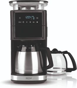 Beem Koffiezetapparaat Perfect III – koffiemachine met molen – Incl. 2 koffiekannen – glazen kan – thermoskan –- Zwart RVS – touch-screen