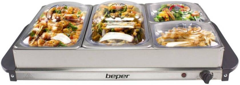 Beper Buffet Warmer Warmhoudplaat Chafing Dish Bain-marie Voedselwarmer 2x2.4L & 2x1.1L Roestvrij Staal