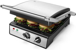 BES LED Contactgrill Tosti Apparaat Tosti Ijzer Aigi Mixo Cool Touch Timer RVS Zwart Zilver