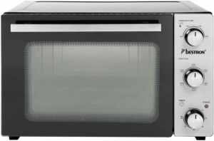 Bestron vrijstaande Mini Oven met 31L volume Bakoven inlcusief Grillrooster Draaispit Bakschaal Ø30 5 cm Pizzasteen & Heteluchtfunctie met 5 programma s tot max. 230 °C timer & indicatielampje 1500 Watt zilver zwart