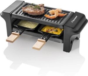 Bestron Mini Raclette Gourmetstel voor 1 tot 2 personen incl. 2 pannen 2 houten spatels & 2 onderzetter met antiaanbaklaag 350W zwaart hout