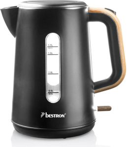 Bestron Waterkoker met 360° basis & tot 1.7 Liter capaciteit automatische kookstop & droogkookbeveiliging 2200W AWK2200BW Zwart Hout