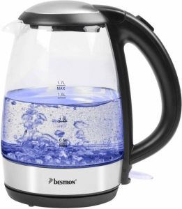Bestron Glazen Waterkoker met LED-verlichting 360° basis & tot 1.7 Liter capaciteit automatische kookstop & droogkookbeveiliging 2.200W Glazen