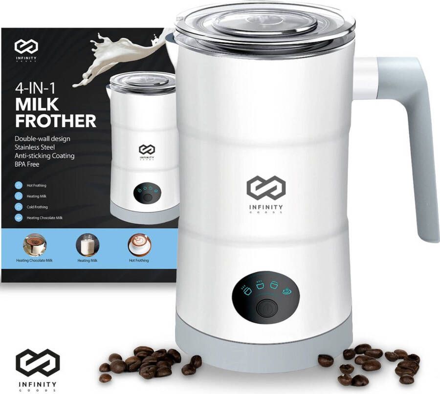 Infinity Goods 4-in-1 Elektrische Melkopschuimer 350 ml Opschuimen en verwarmen Cappuccino Vaatwasserbestendig Wit