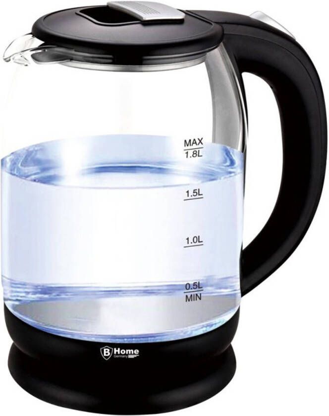Merkloos Transparante glazen waterkoker 1 8 liter 1500 watt met LED-verlichting zwart 23 cm Waterkokers - Foto 1