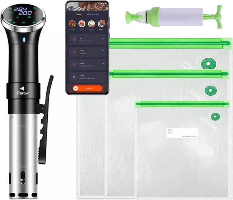 Perow Sous Vide Stick – Inclusief Wi-Fi en App – Inclusief Vacuum set Slow Cooker – Smart Slowcooker – Sous Side Zakken Zwart RVS - Foto 1