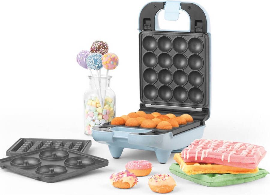 Petra electric PT4943BLNVDEEU7 3 in 1 Wafelijzer (2 wafels) Donut maker (4 donuts) en Cake pop maker (16 cakepops) Uitneembare en verwisselbare platen Blauw