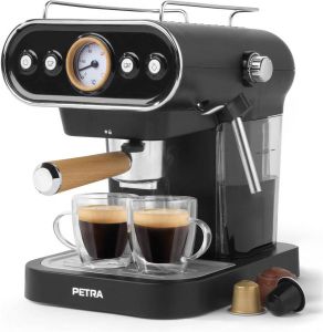 Petra Barista Pistonmachine 19Bar Espressomachine met melkopschuimer Kopjesverwarmer Gemalen bonen en cups