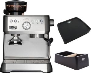 Solis Grind & Infuse Perfetta 1019 Pistonmachine Espressomachine met Koffiemolen Inclusief Coffee Knock Box en Tamping Mat Zilver
