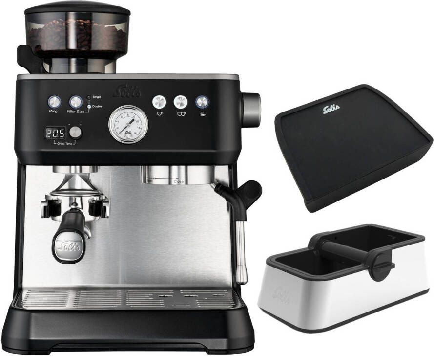 Solis Grind & Infuse Perfetta 1019 Pistonmachine Espressomachine met Koffiemolen Inclusief Coffee Knock Box en Tamping Mat Zilver