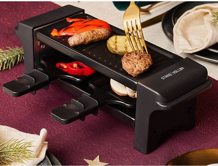 Stangvollby GRILLA Gourmet Set voor 2 Personen Klein Gourmetstel Elektrische Grillplaat Raclette Gourmetset Grillen Bakken Anti-aanbaklaag Gourmetten Kerst Tafelen Zwart Kunststof Gourmetstellen Gourmet pannetjes 350W