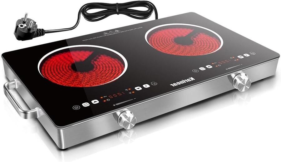 Corenia Keramische Kookplaat – Draagbare Kookplaat – Elektrische Kookplaat – Vrijstaande Kookplaat – Dubbele Kookplaat – 2 Platen Met Handvat – 650°C Temperatuur – Timer Met Kinderbeveiliging