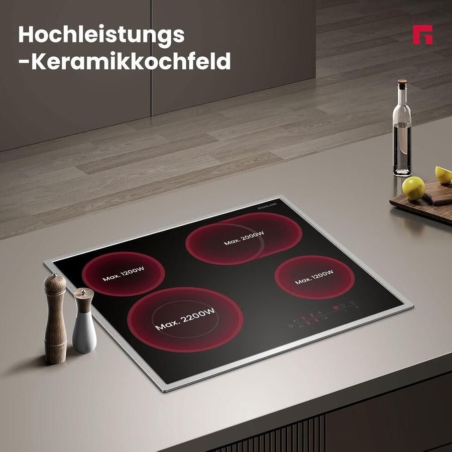 Corenia Zelfstandige Glaskeramische Kookplaat – Keramische Kookplaat – Elektrische Kookplaat – Inbouw Kookplaat – Zelfvoorzienende Kookplaat – 60 cm Breed – Roestvrijstalen Frame – 4 Kookzones Met Meercirkel En Braadzone – 6600W Vermogen