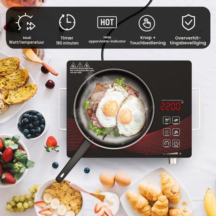 1-Pits Elektrische Kookplaat 2200W Draagbare Keramische Kookplaat met Watt‑Display Timer tot 180 min 4 Slimme Modi – Ideaal voor Camping & Thuisgebruik