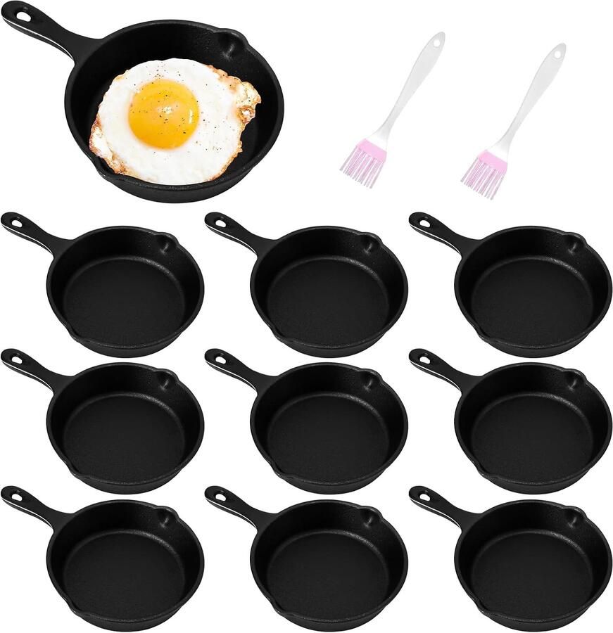 10 Mini-Gietijzeren braadpannen met olieborstel 10 cm kleine braadpannen met dubbele uitgietrand