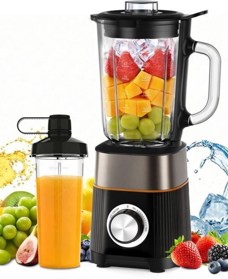 1000 W blender mixer glas 2-1 mixer smoothie maker met 1 5 l glazen kan en 600 ml reisbeker traploos draaibare draaiknop zelfreiniging voor ijscrush-functie shakes bevroren dranken en sauzen
