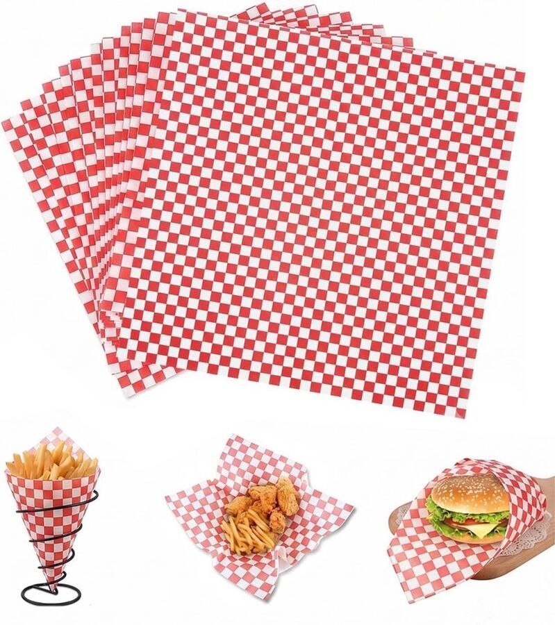 150 Stuks Hamburgerpapier Rood Wit Geruit voor Horeca en Thuis