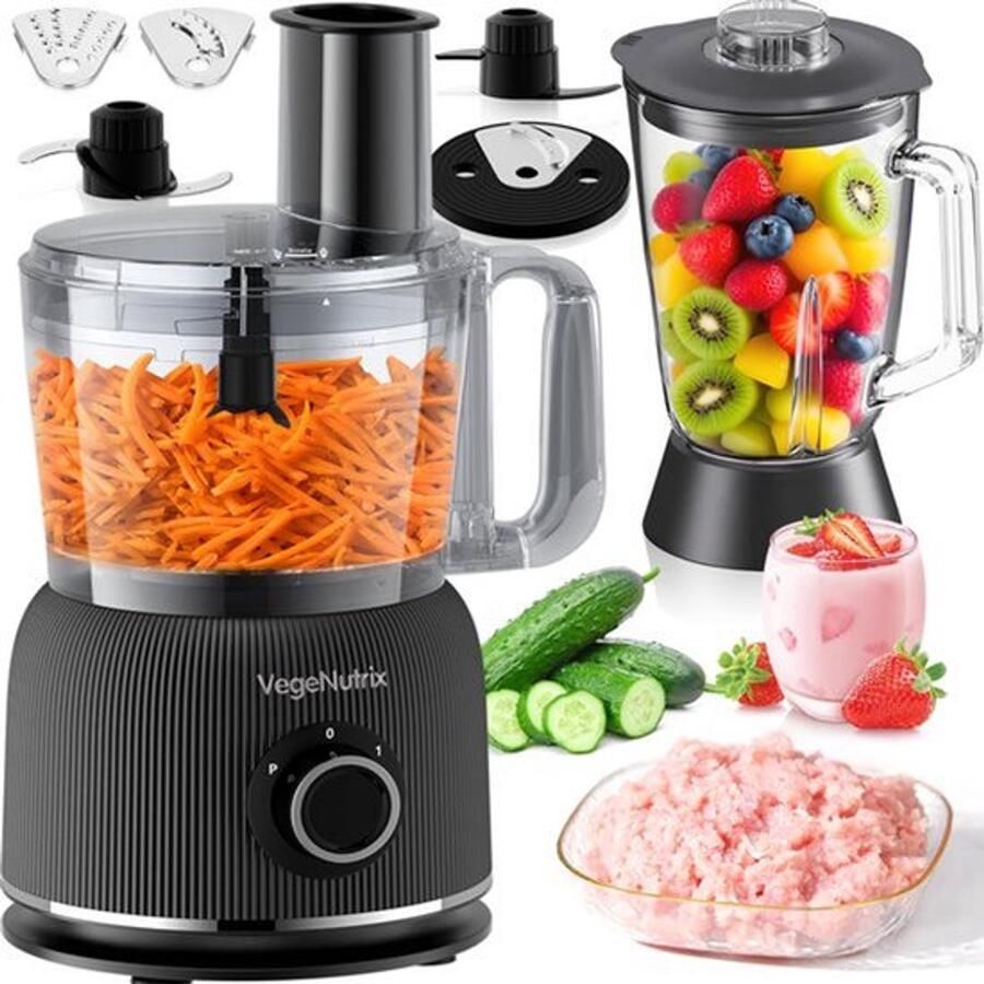 1500 W keukenmachine en mixercombinatie 2 5 l hakmolen voor vlees groenten en deeg 2 liter blender met glazen reservoir 2 snelheden en pulsfunctie voor smoothies sap enz