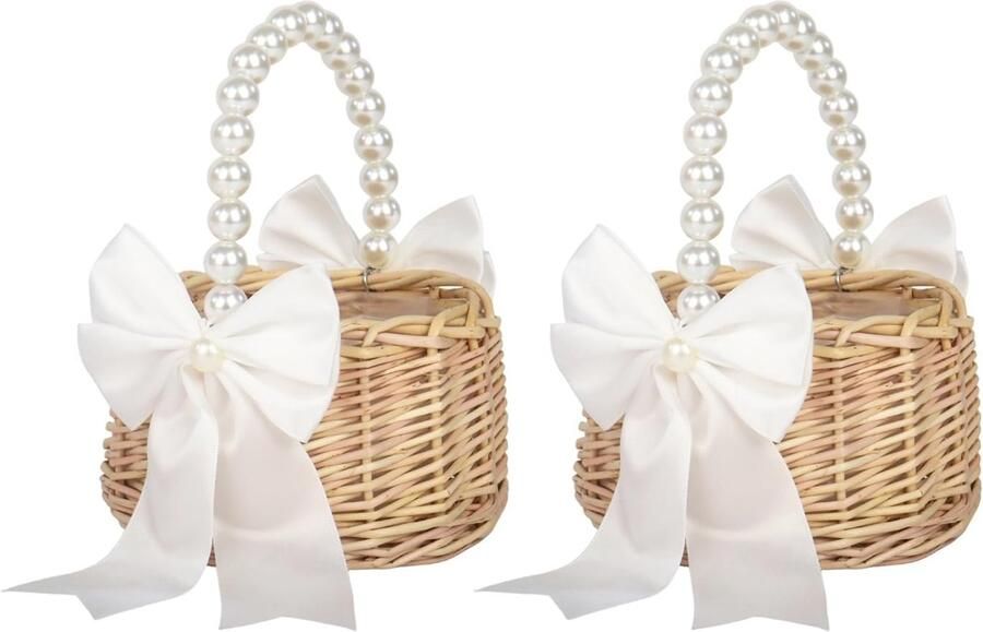 2 mandjes voor bloemen klein met parels en strik wit