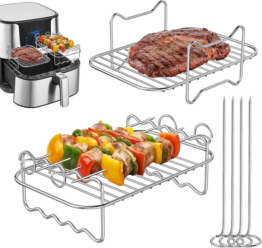 2 Pack Air Grills Geschikt voor Ninja Dual AF300UK AF400UK RVS 304 Accessoires met 4 Grill Spiezen voor Ovengebruik