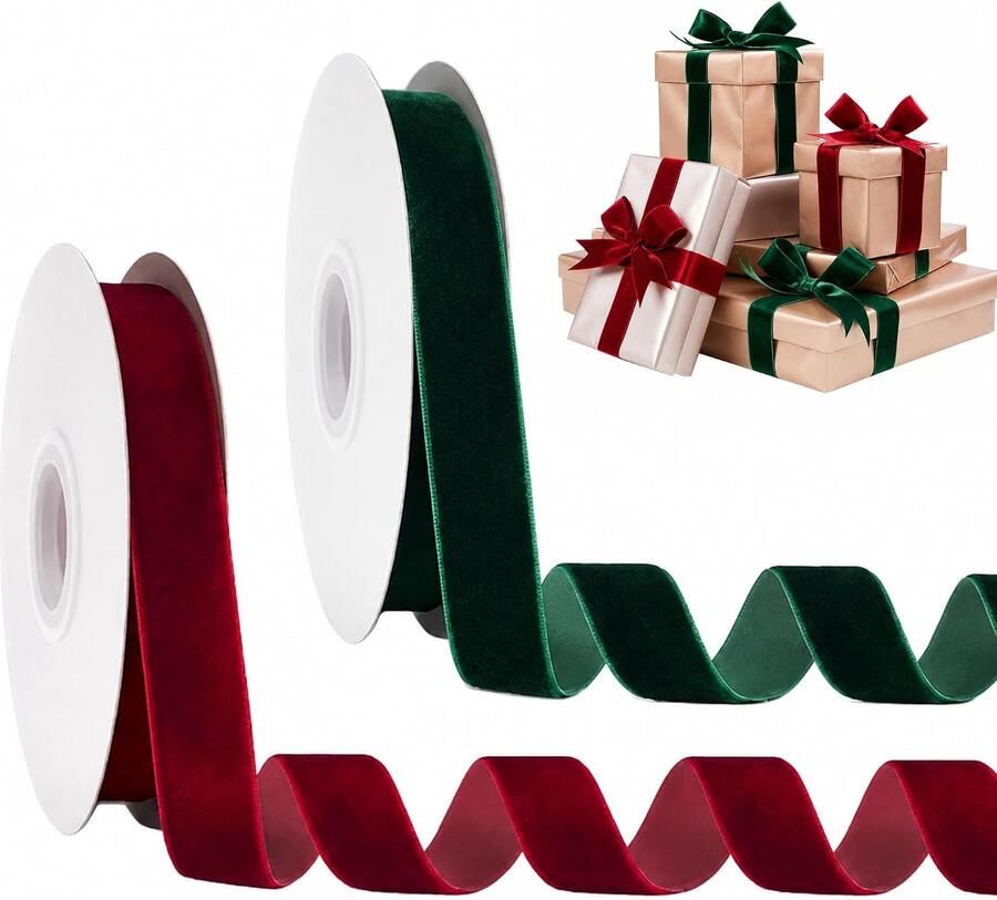 2 Rollen Fluweel lint 9 meter rood & groen