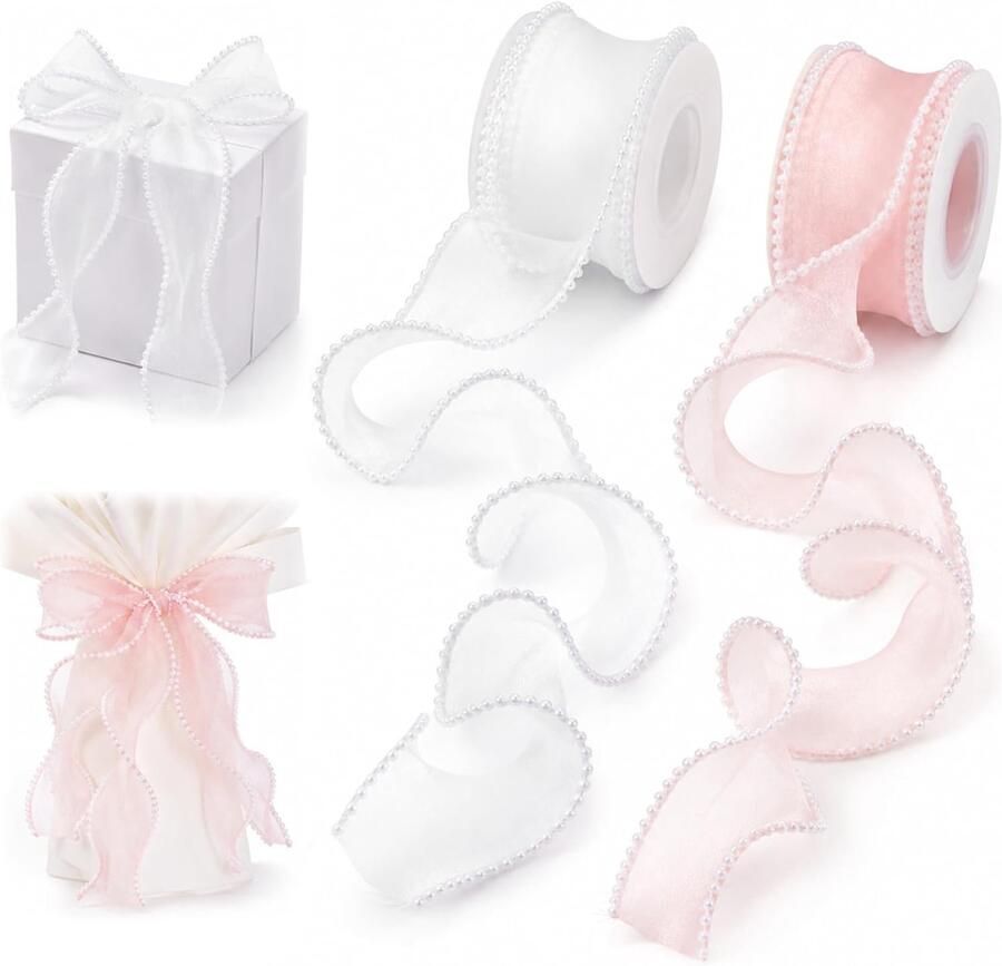2 Rollen Perlenband 4 cm breed wit en roze