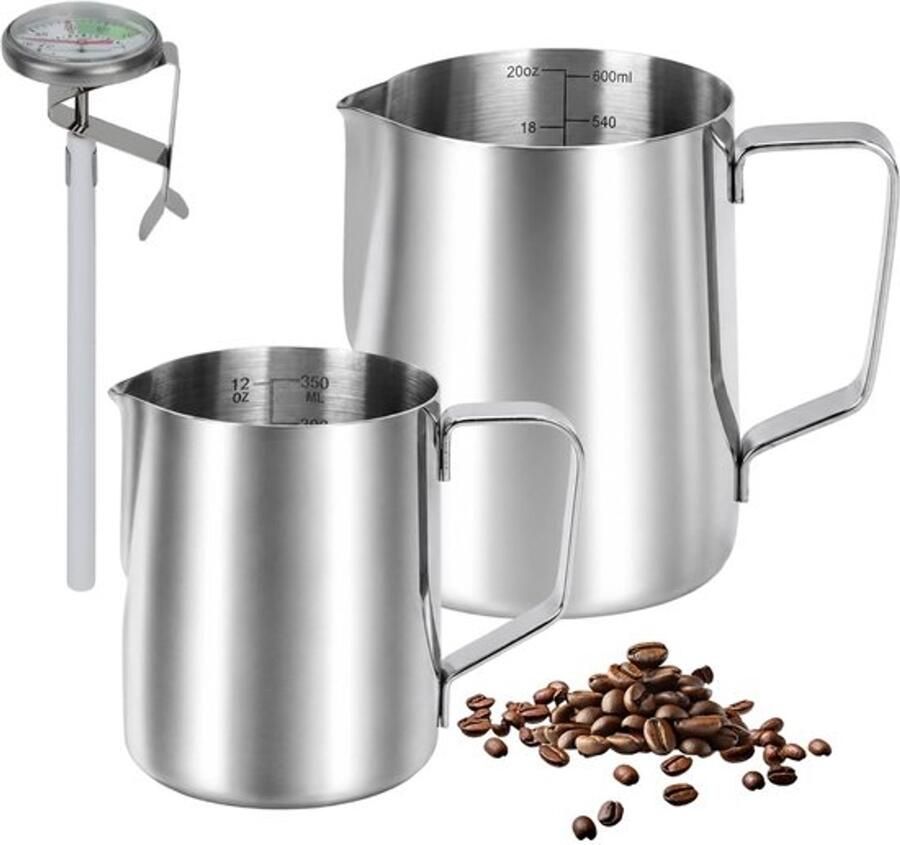 2 stks Melkopschuimkan 600ml & 350ml RVS Melkkan Barista Gereedschap Koffie Melkopschuimer met Aparte Sonde Thermometer Controle voor Perfect Schuim Coffee Shop Accessoires (Probe Thermometer)