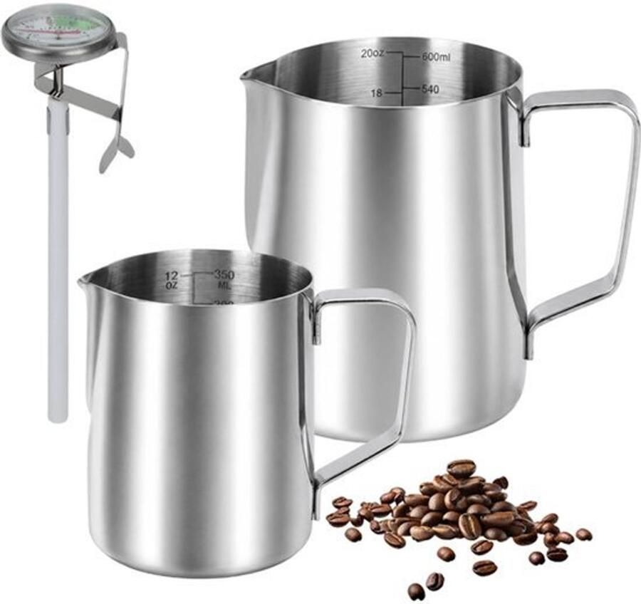 2 stks Melkopschuimkan 600ml & 350ml RVS Melkkan Barista Gereedschap Koffie Melkopschuimer met Aparte Sonde Thermometer Controle voor Perfect Schuim Coffee Shop Accessoires (Probe Thermometer)