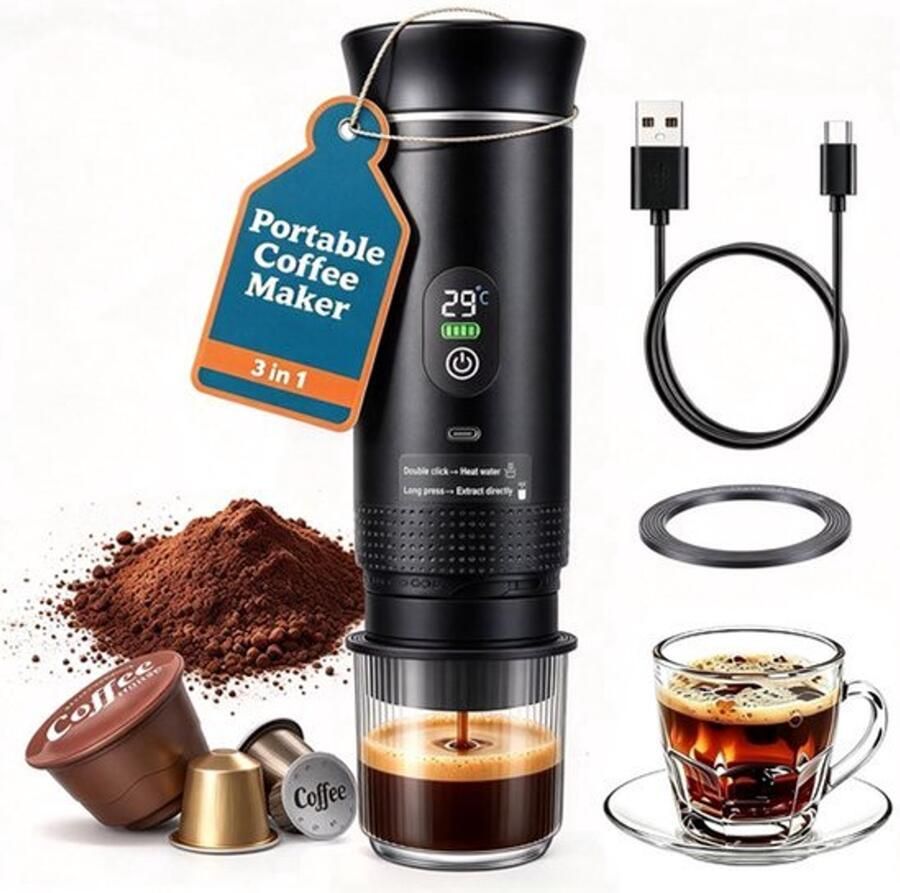 20 Bar Draagbare Espressomachine 3-in-1 Elektrisch Koffiezetapparaat Compatibel met NS- en DG-Capsules en Gemalen Koffie Zelfverwarmend Oplaadbaar via USB Perfect voor Reizen Camping en Onderweg