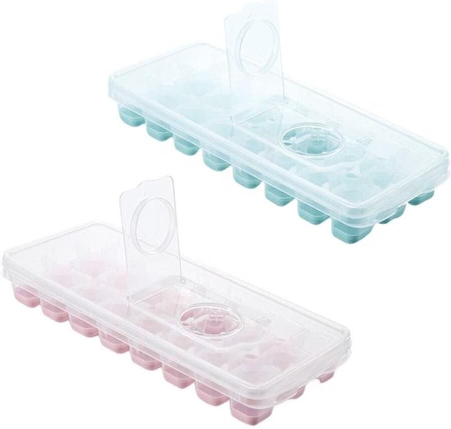 24 Grid Ijsblokjesbakje met Deksel Bedekt Zonder Morsen Siliconen Ijsblokjesmachine Box voor Thuis Keuken Bar Party Roze Blauw 10x24.5x3.4cm (2)