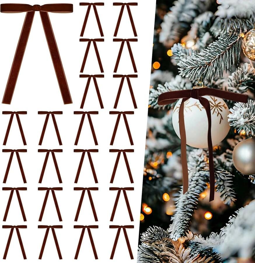 24 stuks fluwelen bogen voor kerstboom 1 cm breed bruin