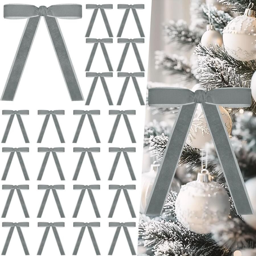 24 stuks fluwelen bogen voor kerstboom 2 5 cm breed grijs