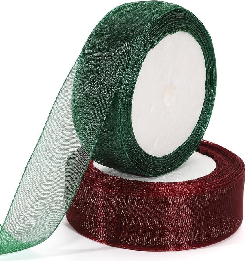 25mm breed organza lint 92 meter donkergroen en wijnrood transparant burgunderrood