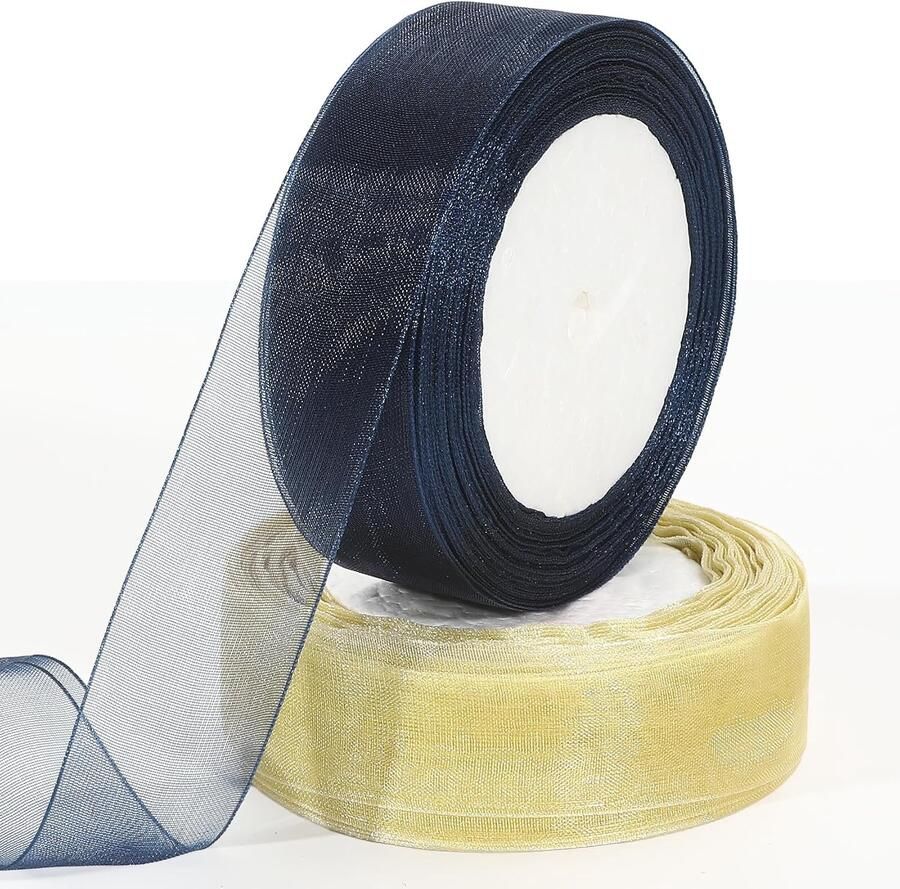 25mm breed transparant organza lint in goud en marineblauw voor versiering en cadeau's