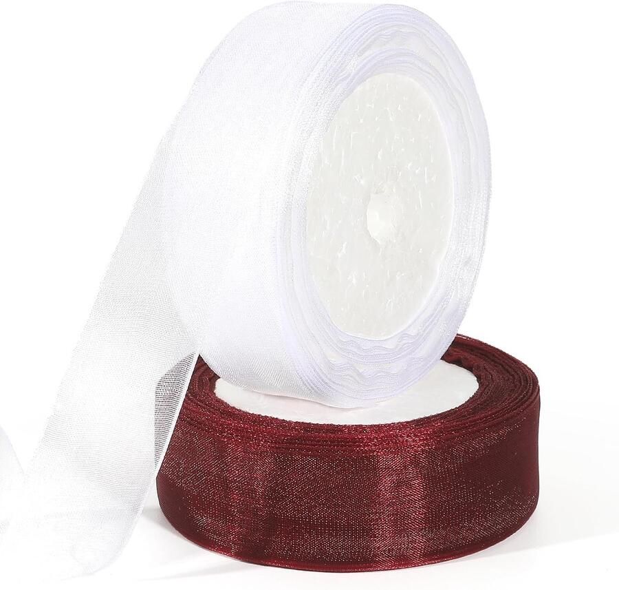 25mm x 92m organza lint transparant burgundrood wit