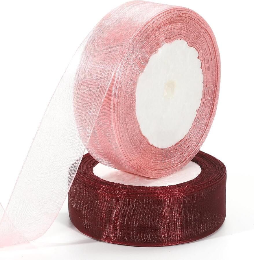 25mm x 92m Rozegoudband en wijnrood organza