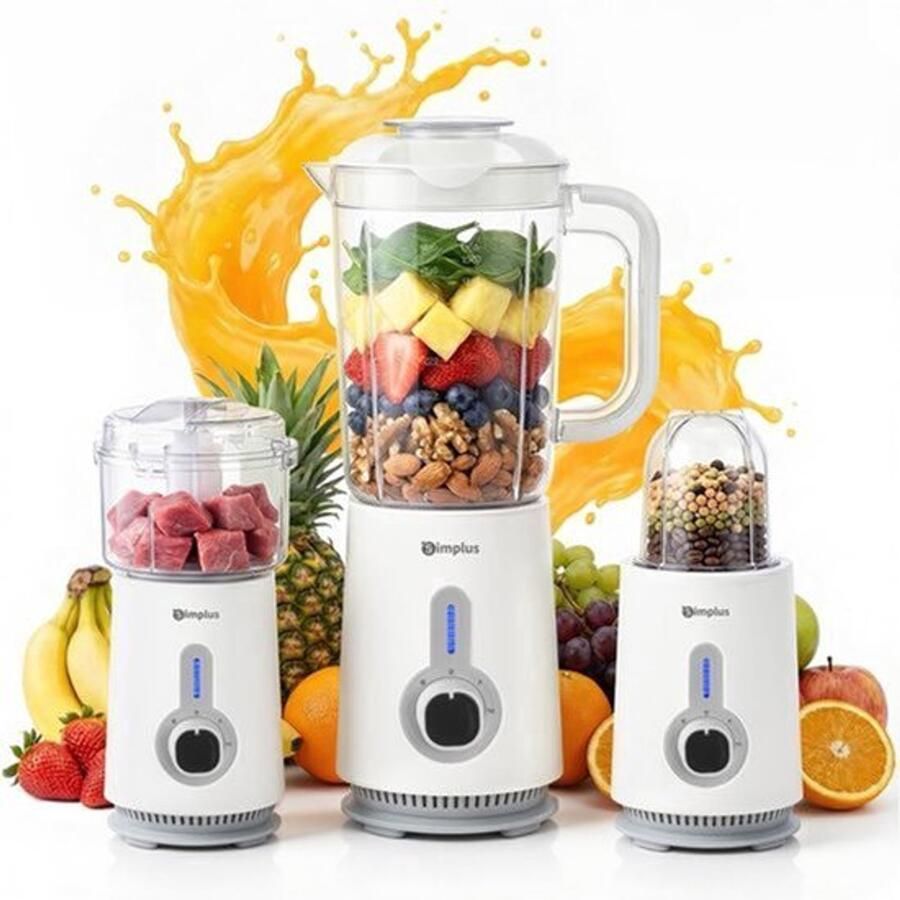 3-in-1 blender en smoothie maker met 1 25 l mengbeker 500 ml hakmolen voor vlees en groenten en 300 ml maalbeker 2 snelheden plus pulsfunctie wit