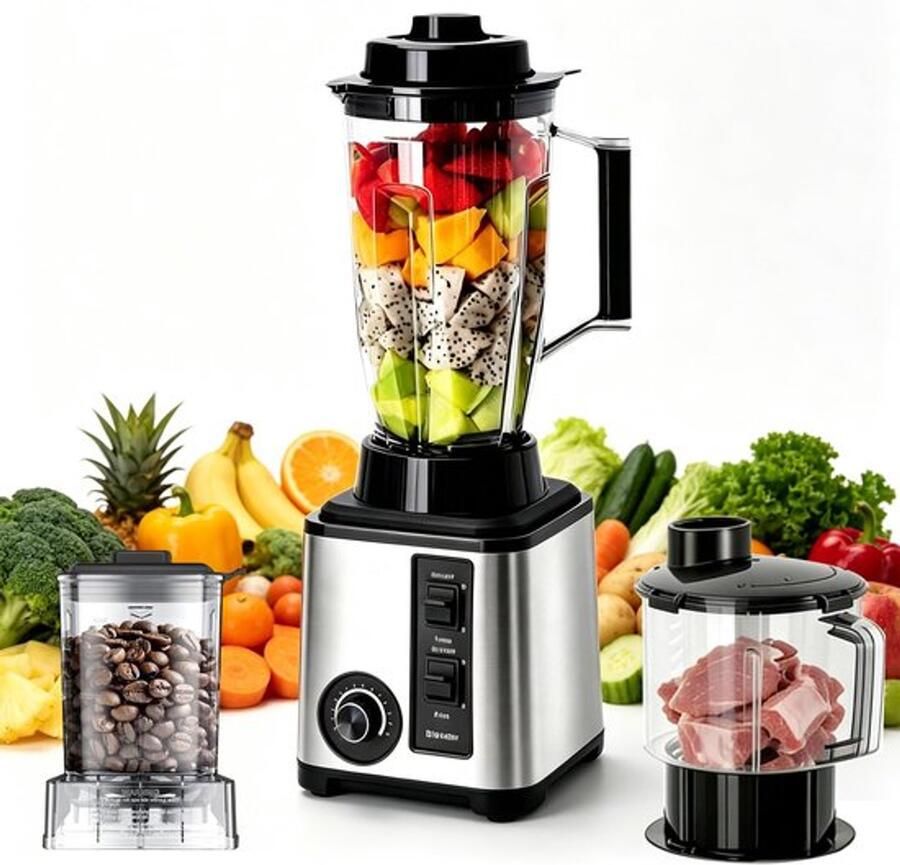 3-in-1 blender & smoothiemaker met 3 liter mixbeker 2 l vleesmolen en 800 ml koffiemolen 15 snelheden