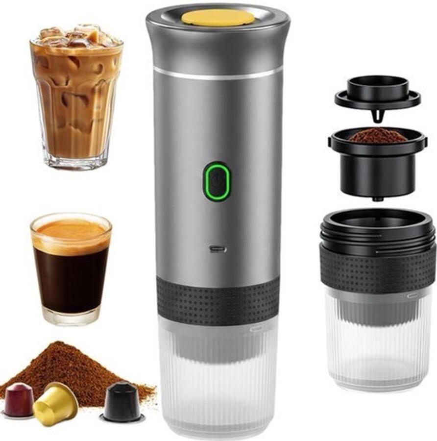 3-in-1 draagbaar koffiezetapparaat met accu 12 V draagbare espressomachine automatische espressomachine met USB met capsules en gemalen koffie voor reizen camping auto (grijs)