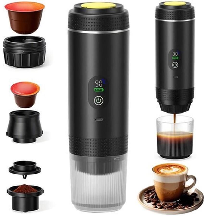 3-in-1 draagbaar koffiezetapparaat met accu 12 V draagbare espressomachine automatische espressomachine met USB met capsules en gemalen koffie voor reizen camping auto (zwart)