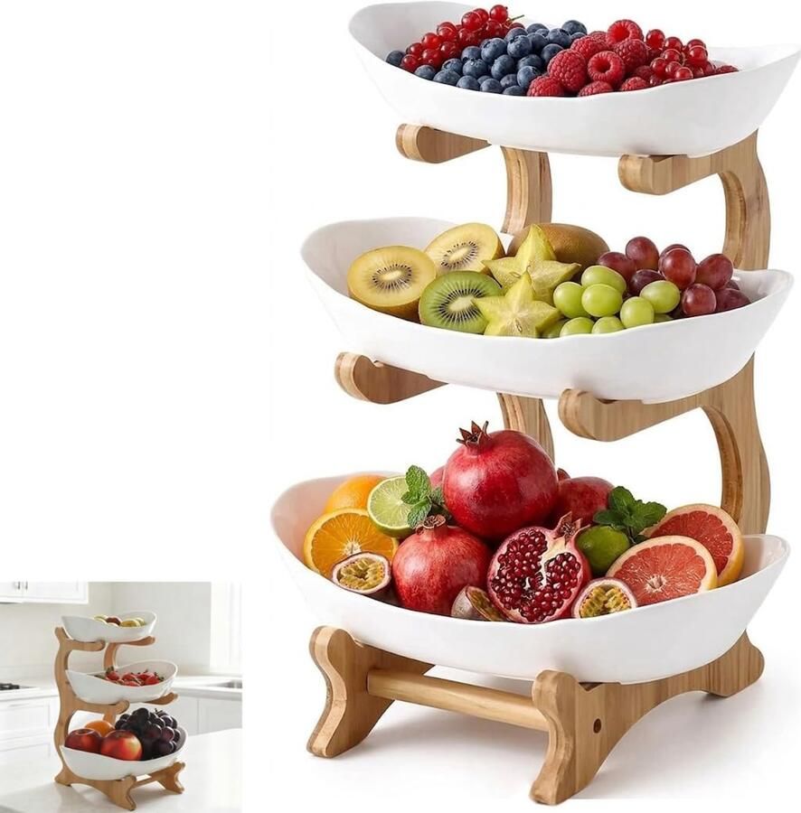 3-laags Fruitstandaard met Houten Onderstel voor Snacks en Groenten