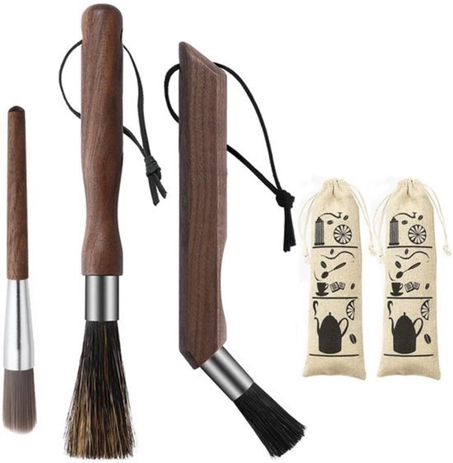 3-Pack Professionele koffiemolen reinigingsborstelset natuurlijke zwijnenharen walnoothandvat espressomachine en koffiemolenreiniger 3 stuks zwart