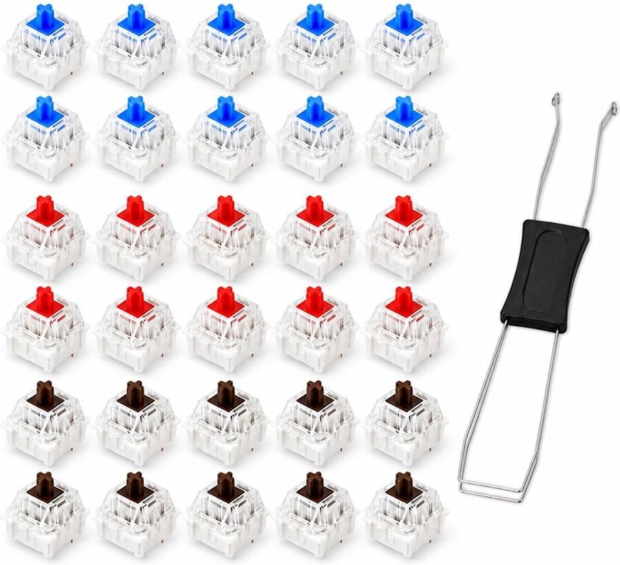 30 stuks toetsenbordschakelaars hot swappable toetsenbordschakelaar witte basis in blauw rood bruin met keycap-trekker voor mechanische gaming-toetsenborden